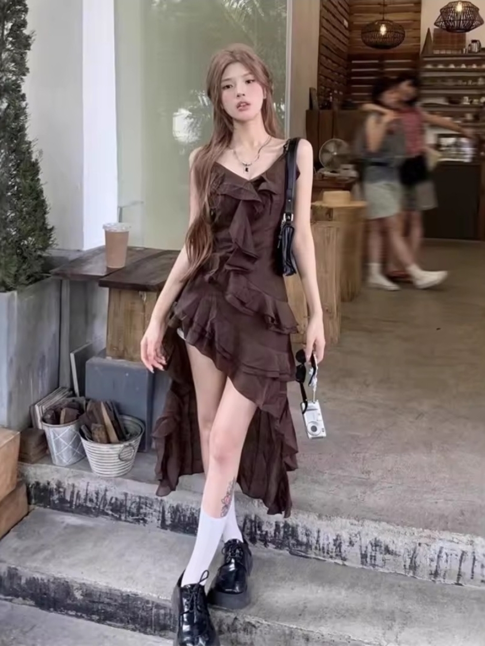 Ruffle High-Low Dress in Chocolate Brown Sz S